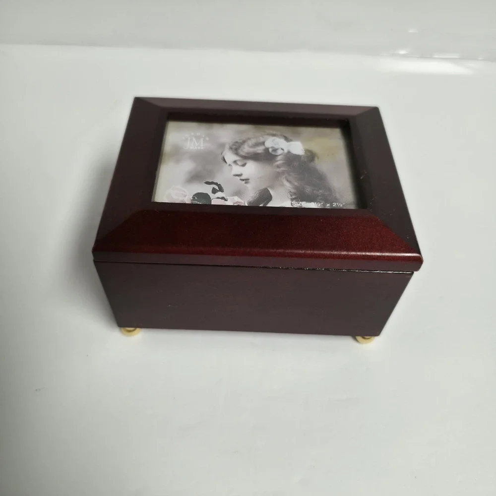 Jordan Mark Wooden Musical Jewelry Box Mahogany Finish Keepsake Photo Frame Lid